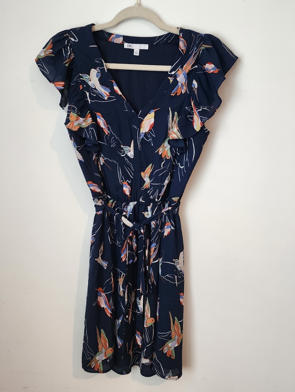 DR2 Navy Print Ruffle Sleeve Mini Dress, Small